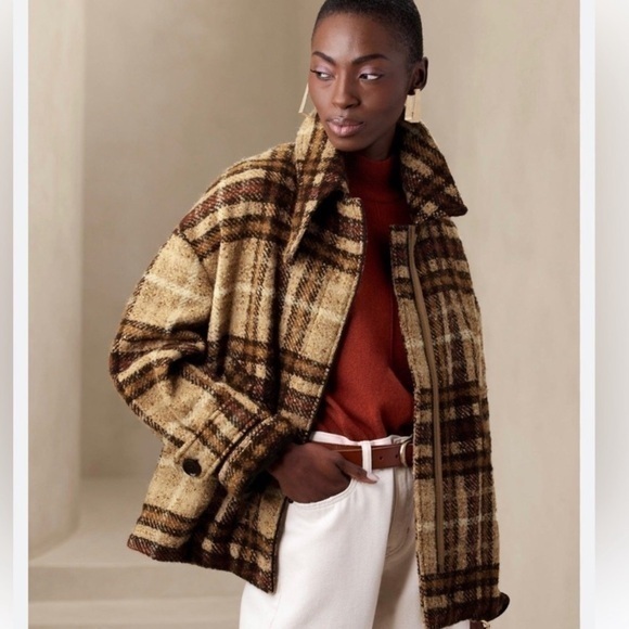 Banana Republic XS‎ Plaid Wool Balmacaan Full Zip Coat Oversized Brown Neutral - Picture 1 of 15